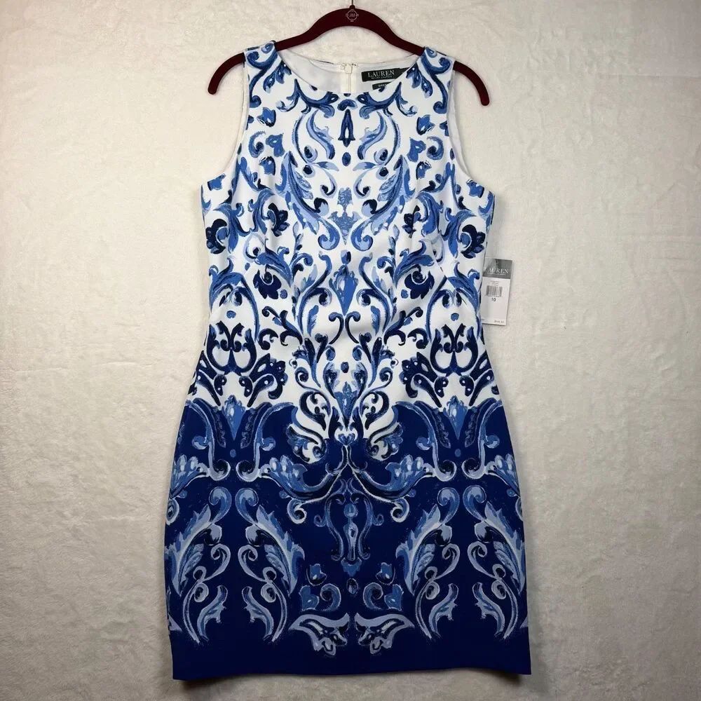 NWT Lauren Ralph Lauren Blue White Scroll Print Sheath Dress Size 10 Lined